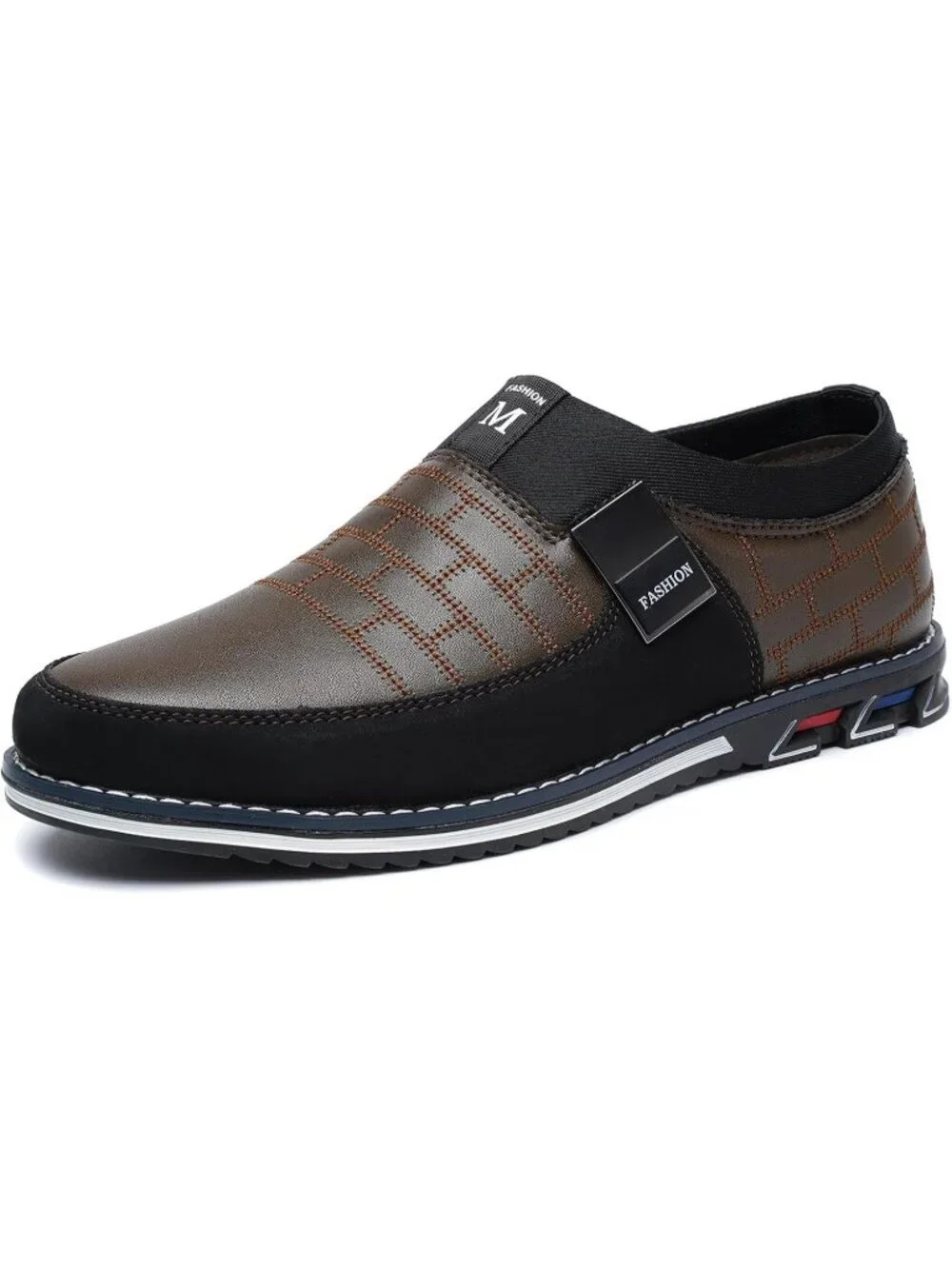 Men's Brown Grid Embossed Leather Comfort Two-Tone Casual Slip On Dress Loafers